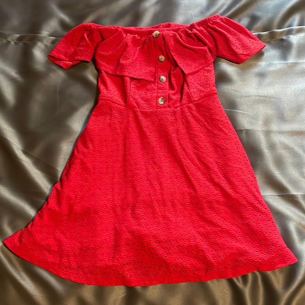 Short, off the shoulder, flowy dress.